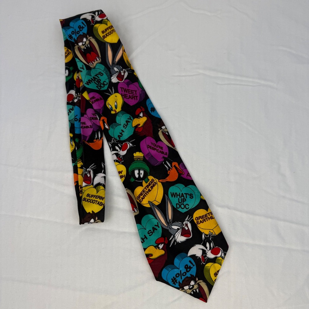 Vintage 1994 Looney Tunes Mania Necktie Bugs Bunny Daffy Duck Hearts 90's